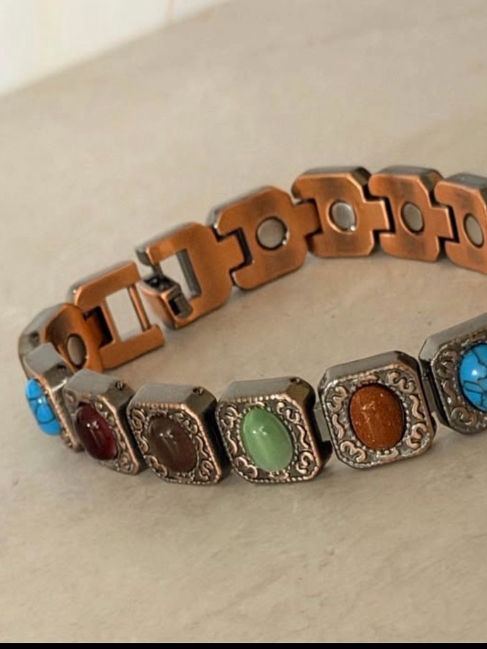 Copper Magnets Box Chain Bracelet 8” Multicolor Assorted Gemstone Bezel Cabochon